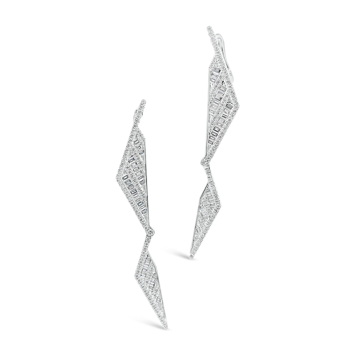 Diamond Triangle Drop Earrings  -18K gold weighing 7.87 grams  -148 round diamonds totaling 0.52 carats  -58 straight baguettes totaling 0.52 carats