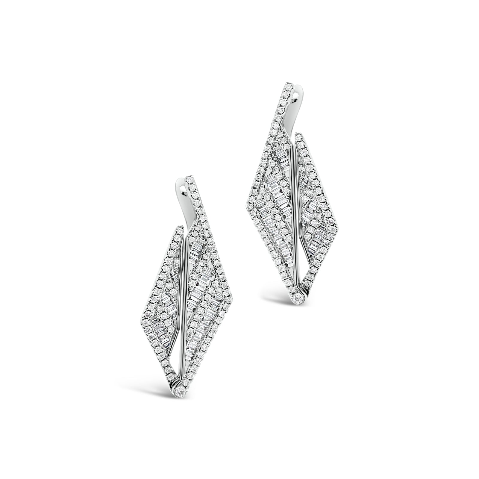 Diamond Triangle Drop Earrings  -18K gold weighing 7.87 grams  -148 round diamonds totaling 0.52 carats  -58 straight baguettes totaling 0.52 carats