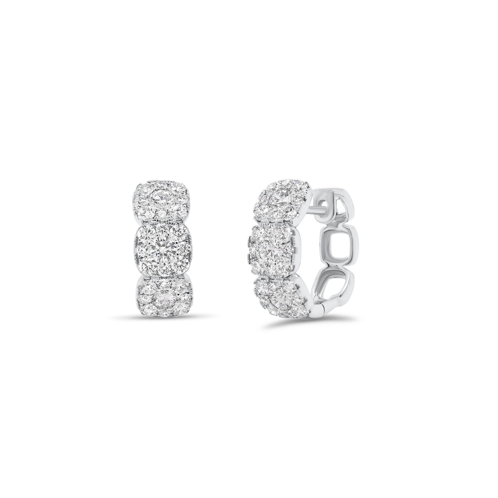 Halo Diamond Cushion Huggie Earrings - 18K gold weighing 4.39 grams  - 48 round diamonds totaling 0.99 carats  - 6 round diamonds totaling 0.58 carats