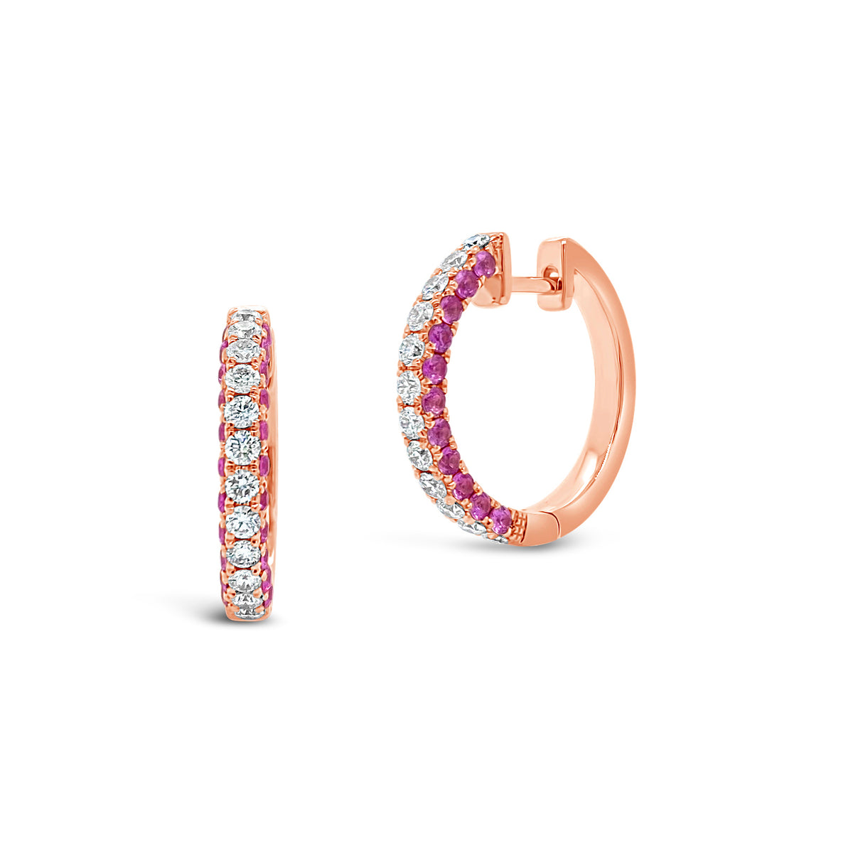 Diamond & pink sapphire huggie earrings -14K gold weighing 4.34 grams  -24 round diamonds totaling 0.61 carats  -44 pink sapphires totaling 0.93 carats