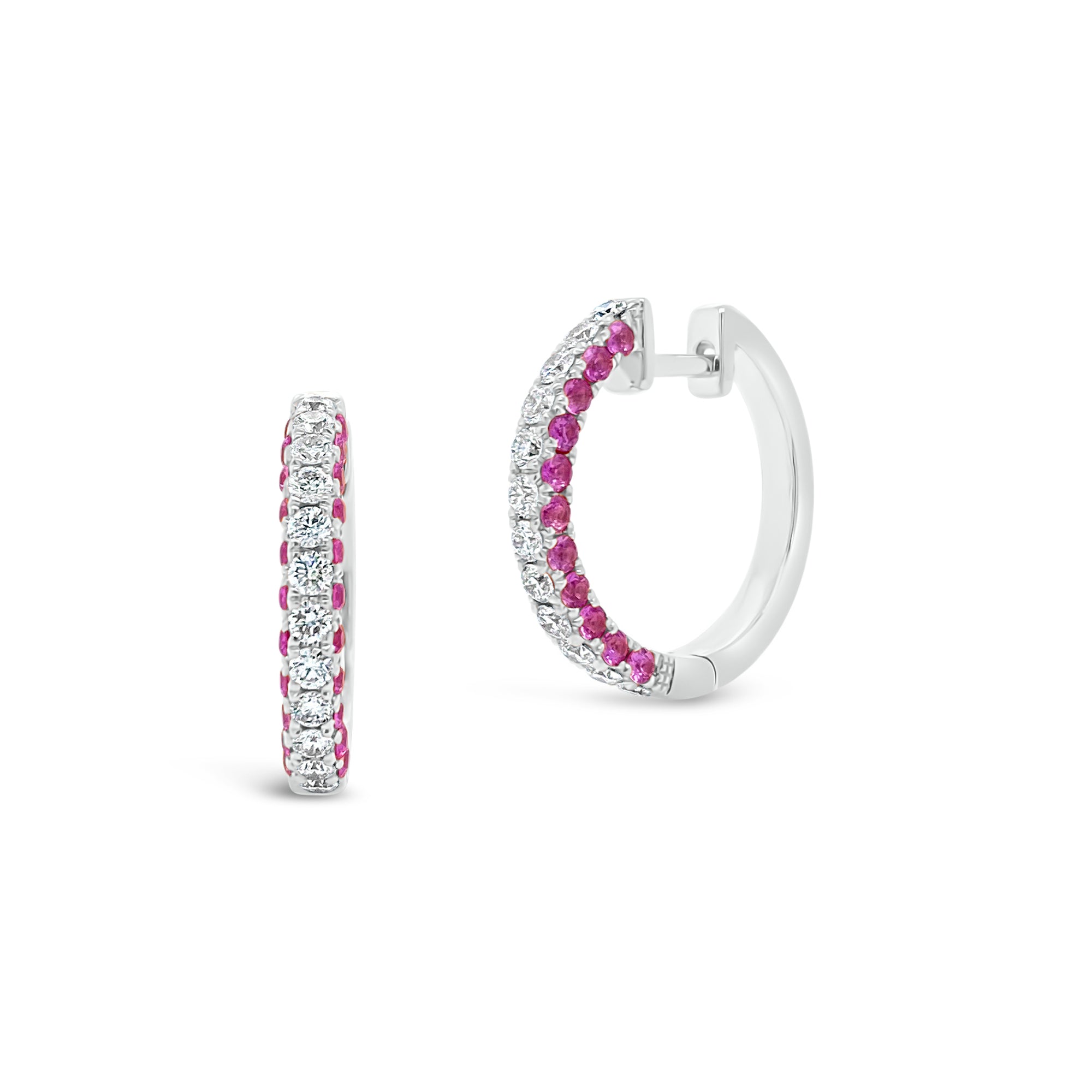 Diamond & pink sapphire huggie earrings -14K gold weighing 4.34 grams  -24 round diamonds totaling 0.61 carats  -44 pink sapphires totaling 0.93 carats