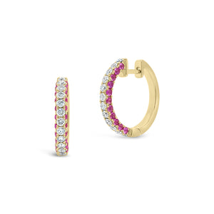 Diamond & pink sapphire huggie earrings -14K gold weighing 4.34 grams  -24 round diamonds totaling 0.61 carats  -44 pink sapphires totaling 0.93 carats