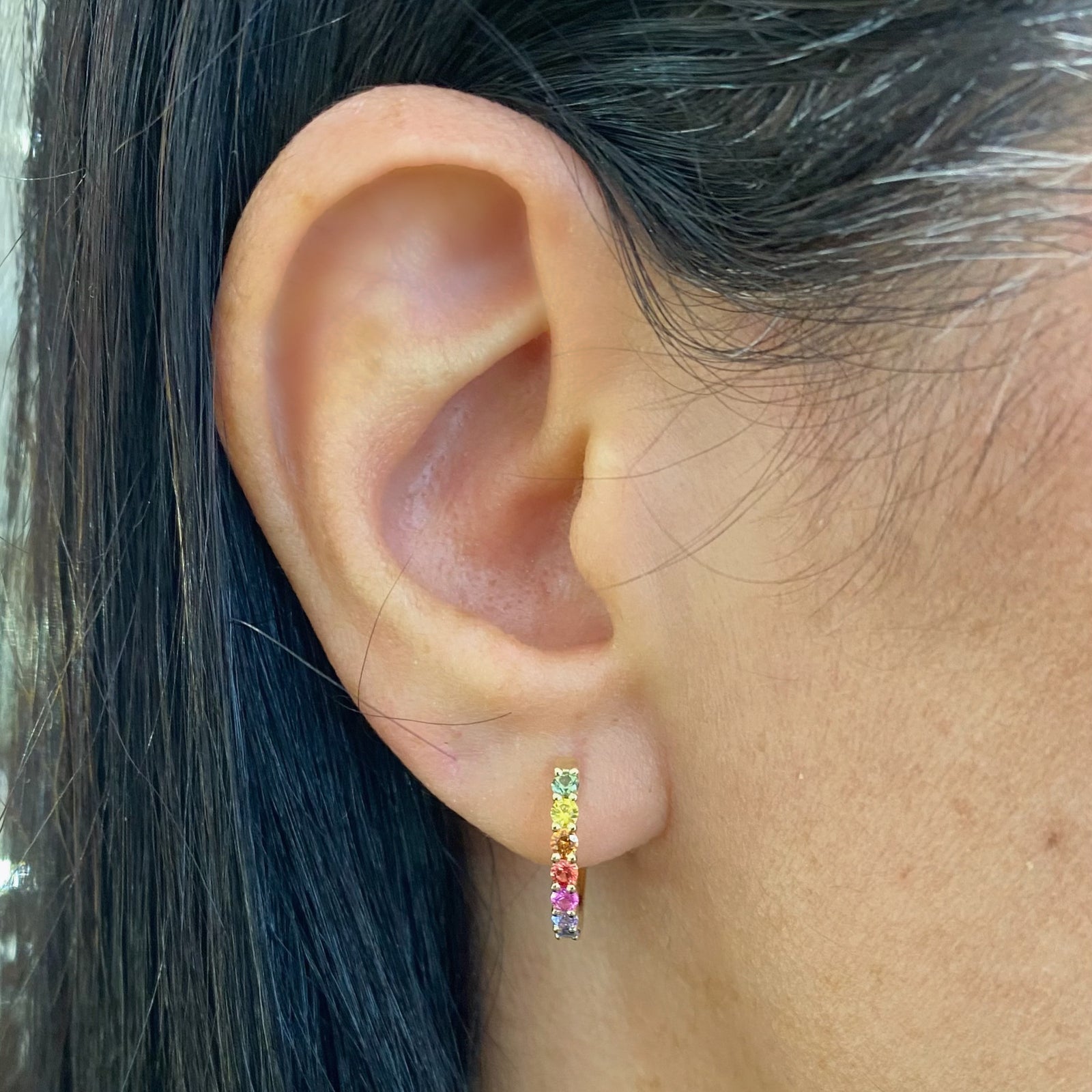 Multicolor Sapphire Huggies - 14K white gold weighing 2.32 grams   - 14 multicolored sapphires weighing 0.66 carats