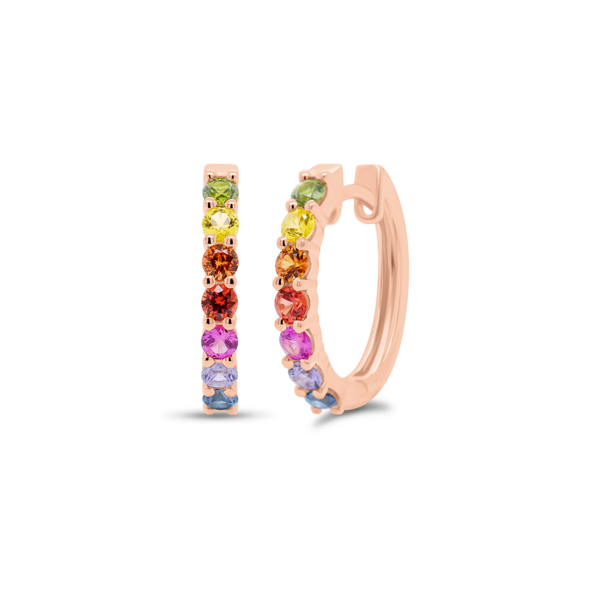 Multicolor Sapphire Huggies - 14K rose gold weighing 2.32 grams - 14 multicolored sapphires weighing 0.66 carats