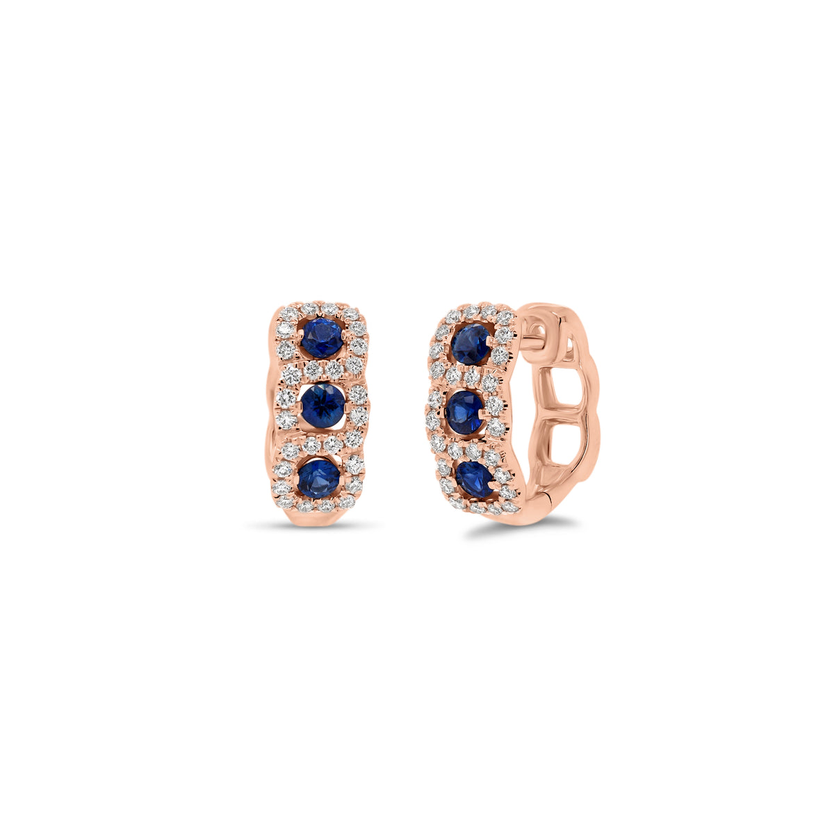 Sapphire & Diamond huggie earrings - 18K gold weighing 4.04 grams  - 56 round diamonds totaling 0.30 carats  - 6 sapphires totaling 0.50 carats