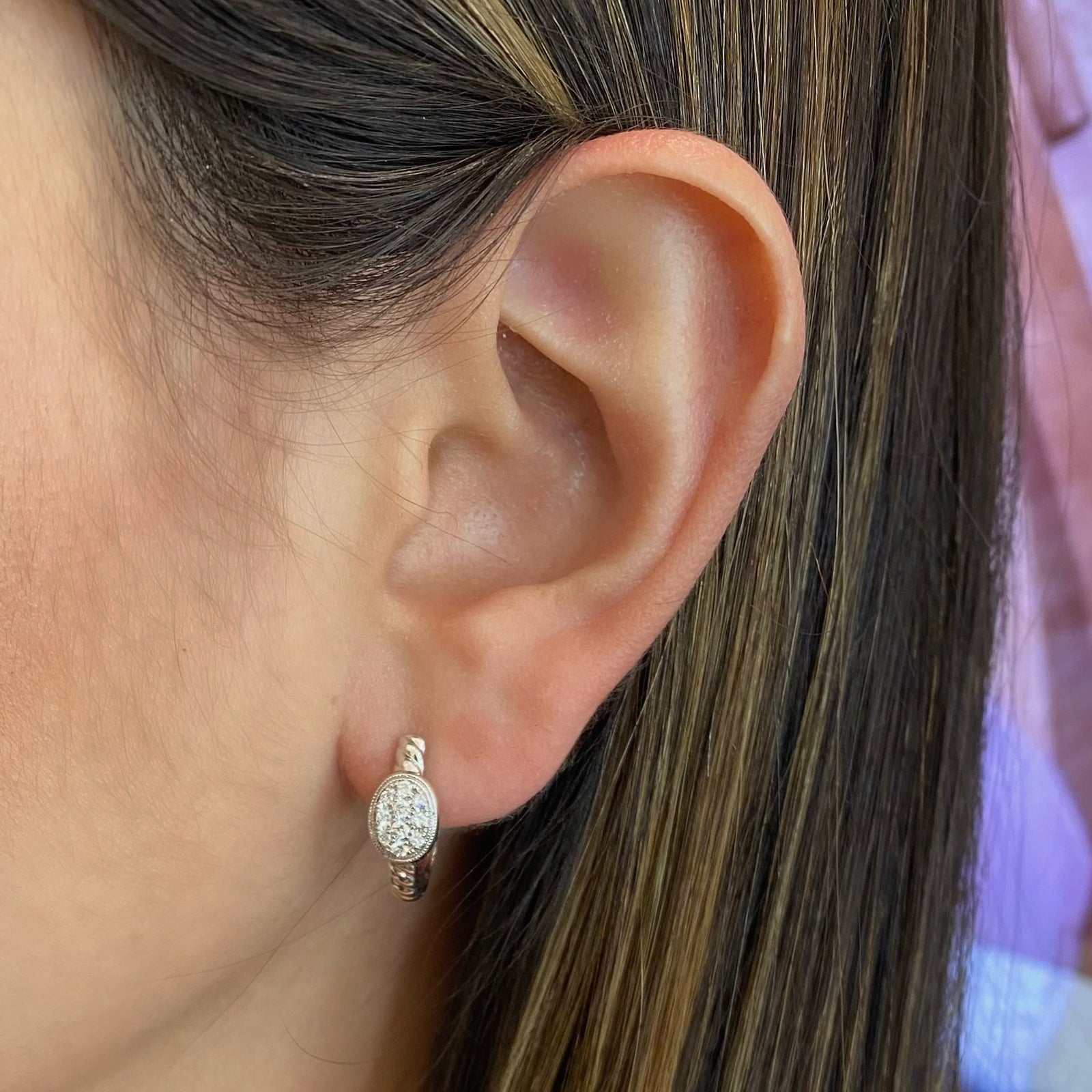 Gold twist huggie earrings with diamond ovals - 14K gold weighing 3.24 grams  - 20 round diamonds totaling 0.31 carats