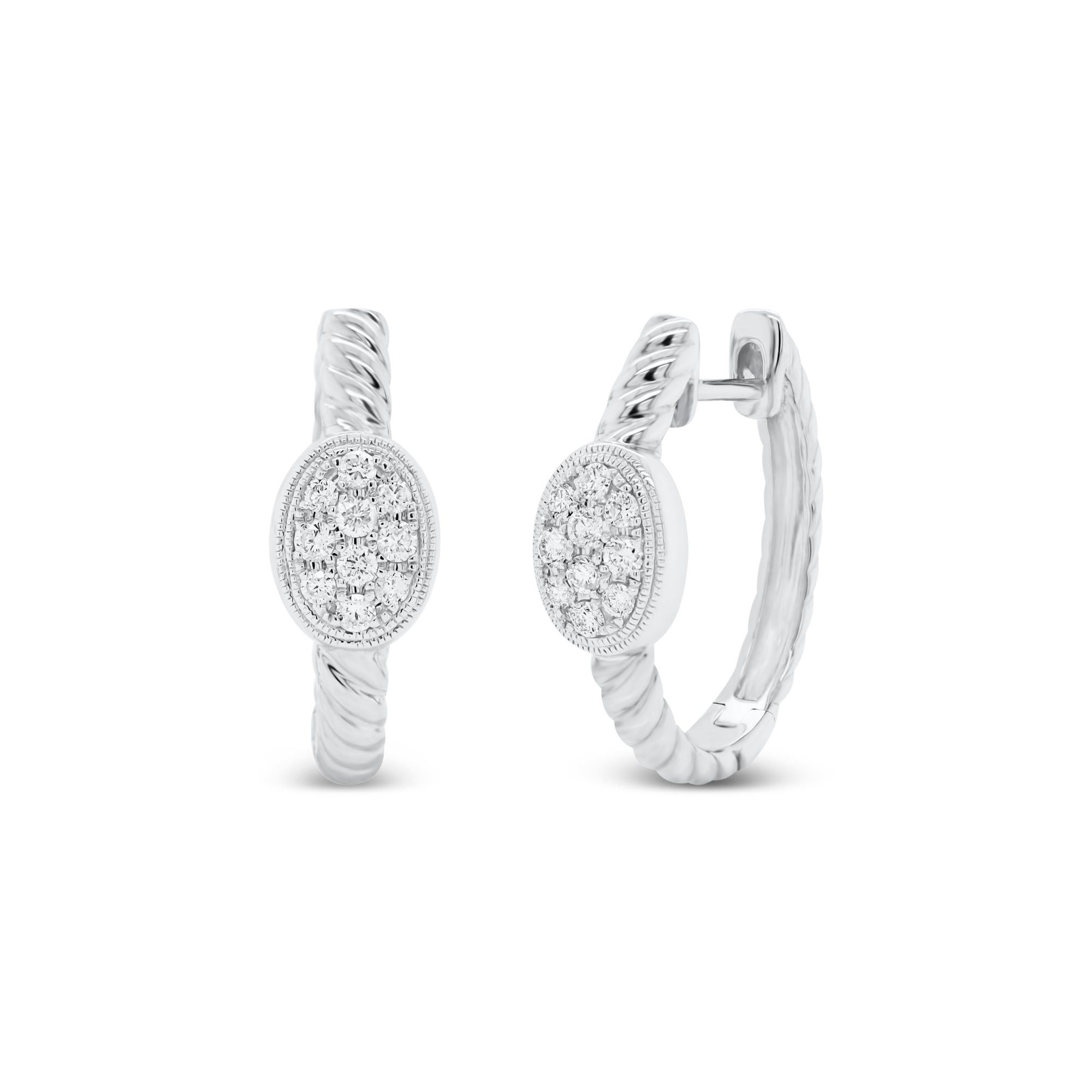 Gold Twist Hoop Earrings with Diamond Ovals - 14K gold weighing 4.29 grams  - 20 round diamonds totaling 0.32 carats