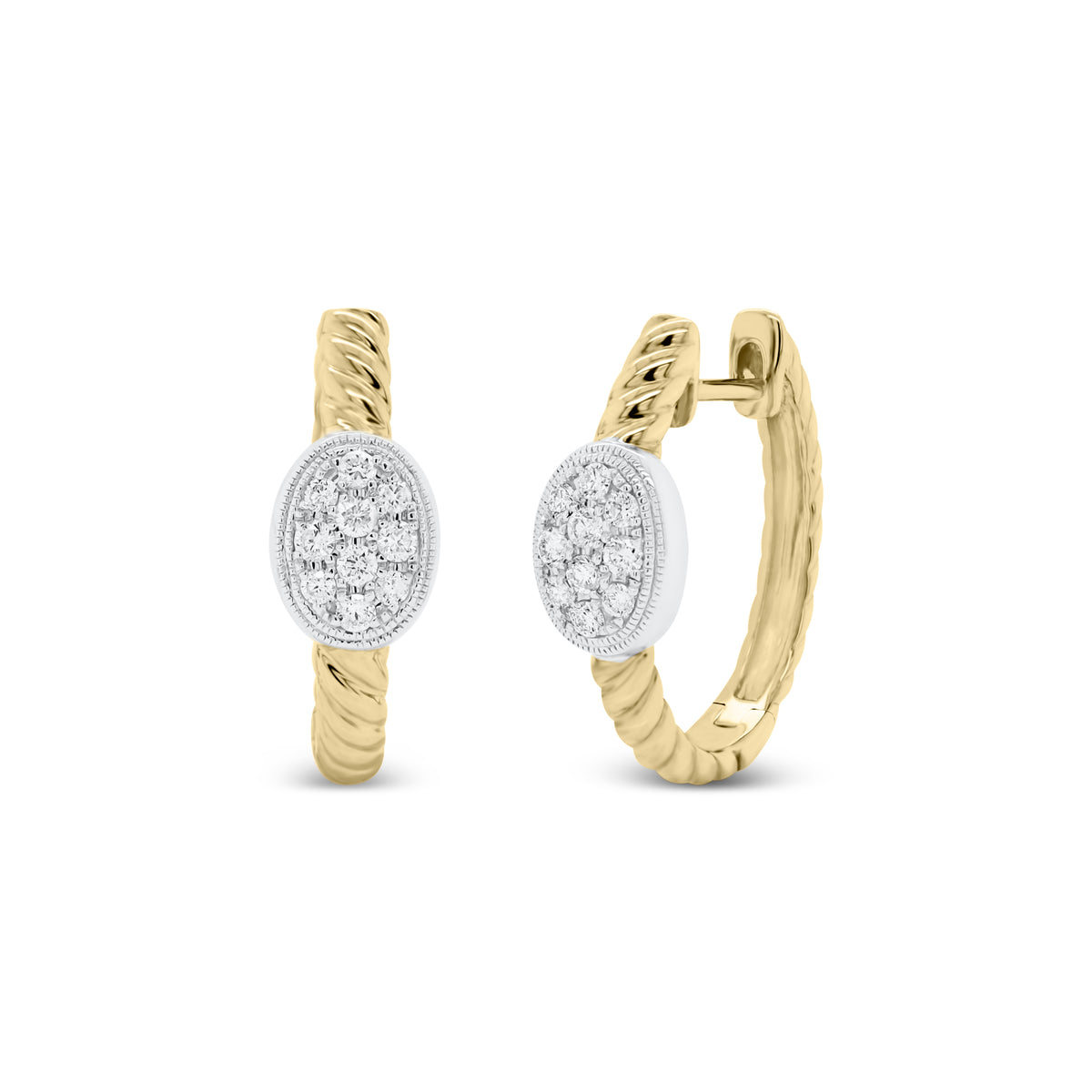 Gold Twist Hoop Earrings with Diamond Ovals - 14K gold weighing 4.29 grams  - 20 round diamonds totaling 0.32 carats