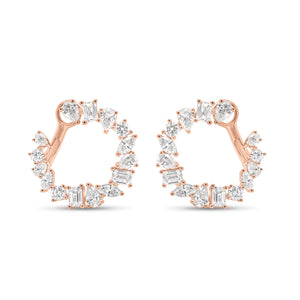 Mixed-Shape Diamond Front-Facing Hoop Earrings - 18K rose gold weighing 5.5 grams  - 6 marquise-shaped diamonds weighing 0.44 carats  - 6 emerald-cut diamonds weighing 0.87 carats  - 6 round diamonds weighing 0.35 carats  - 12 pear-shaped diamonds weighing 1.05 carats