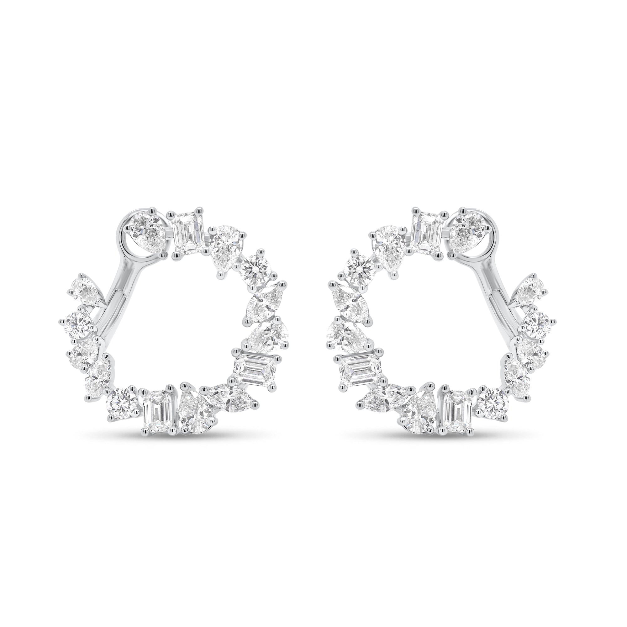 Mixed-Shape Diamond Front-Facing Hoop Earrings - 18K white gold weighing 5.5 grams  - 6 marquise-shaped diamonds weighing 0.44 carats  - 6 emerald-cut diamonds weighing 0.87 carats  - 6 round diamonds weighing 0.35 carats  - 12 pear-shaped diamonds weighing 1.05 carats