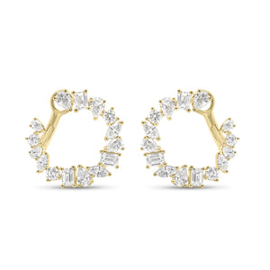 Mixed-Shape Diamond Front-Facing Hoop Earrings - 18K yellow gold weighing 5.5 grams  - 6 marquise-shaped diamonds weighing 0.44 carats  - 6 emerald-cut diamonds weighing 0.87 carats  - 6 round diamonds weighing 0.35 carats  - 12 pear-shaped diamonds weighing 1.05 carats
