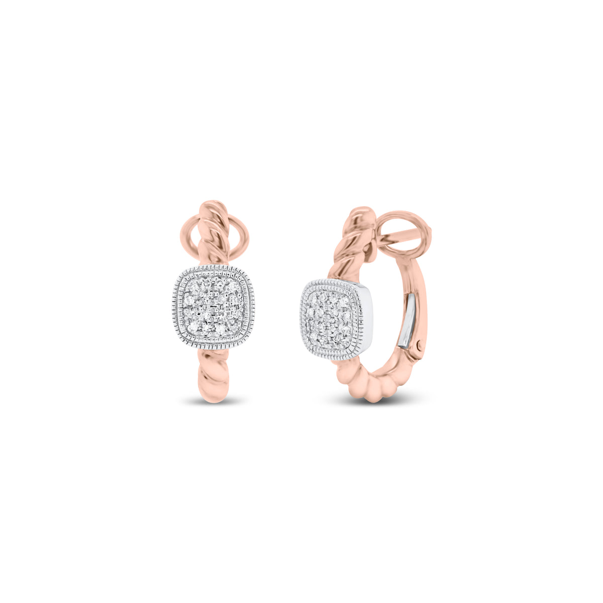 Gold Twist Huggie Earrings with Diamond Squares - 14K gold weighing 3.73 grams    - 32 round diamonds totaling 0.09 carats