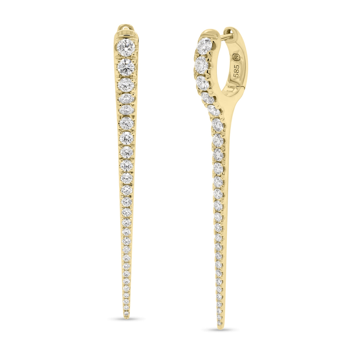 Diamond Dagger Earrings  - 14K gold weighing 7.90 grams  - 52 round diamonds totaling 1.64 carats