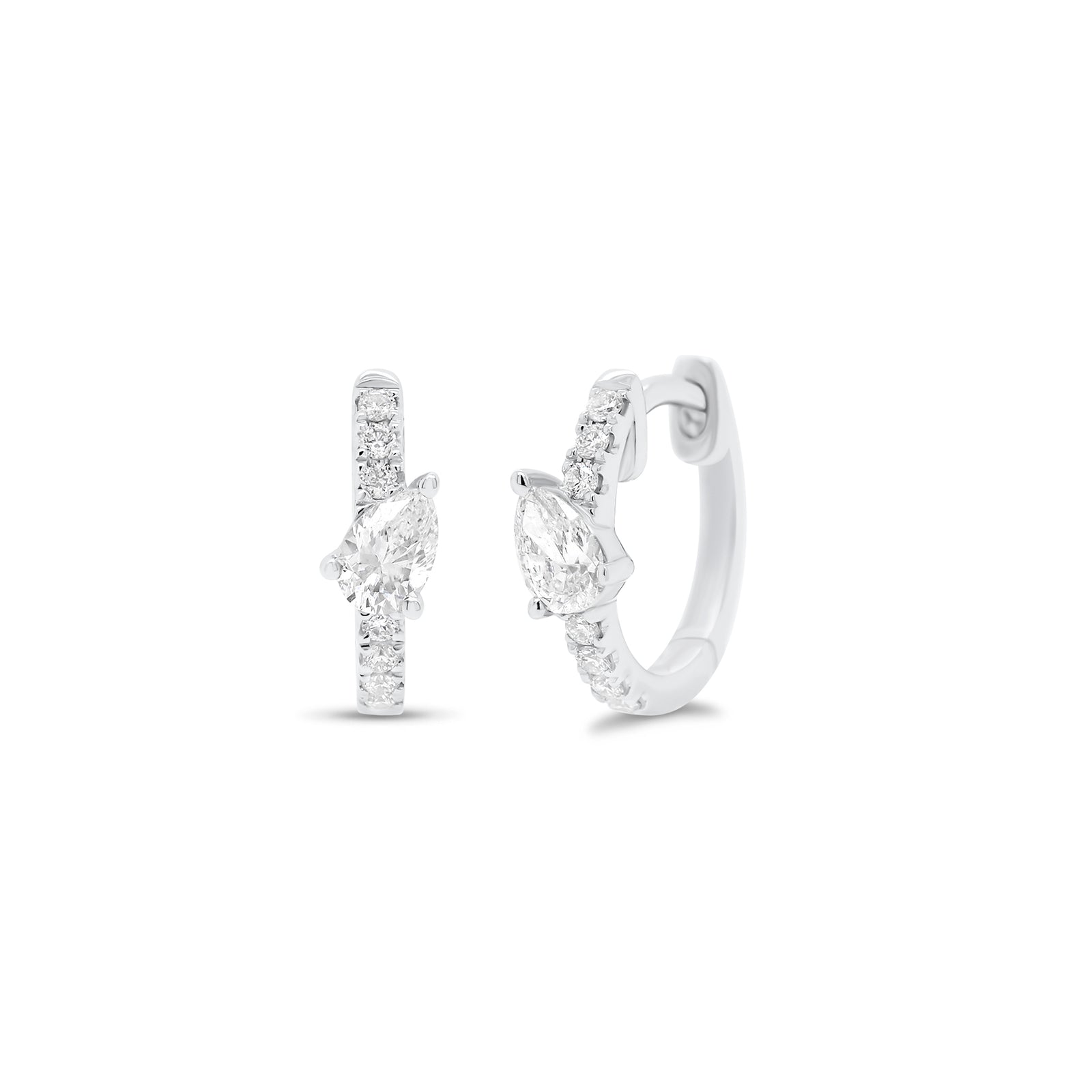 Round & Pear-Shaped Diamond Huggies -18K gold weighing 1.64 grams  -14 round diamonds weighing 0.10 carats  -2 pear-shaped diamonds weighing 0.29 carats