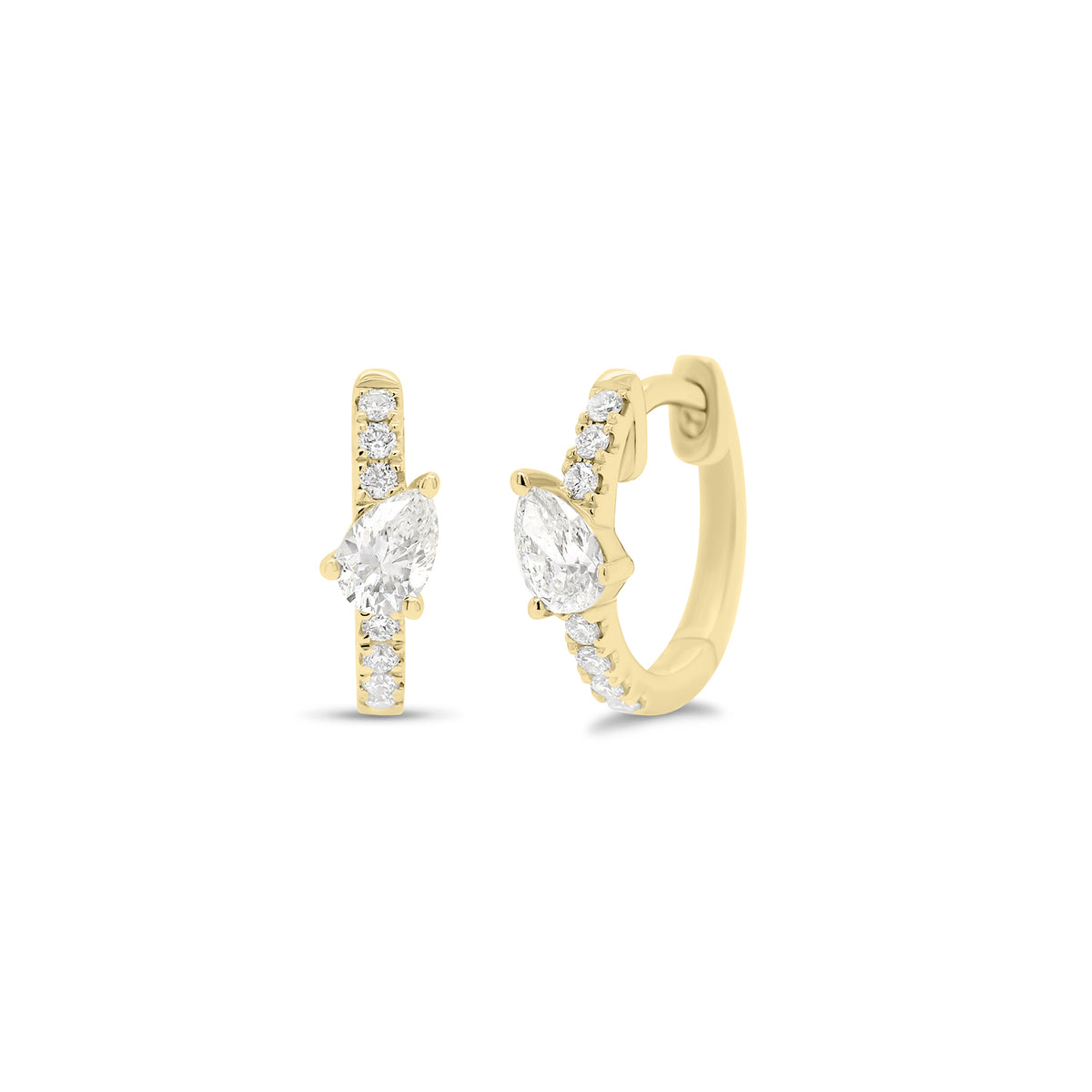 Round & Pear-Shaped Diamond Huggies -18K gold weighing 1.64 grams  -14 round diamonds weighing 0.10 carats  -2 pear-shaped diamonds weighing 0.29 carats