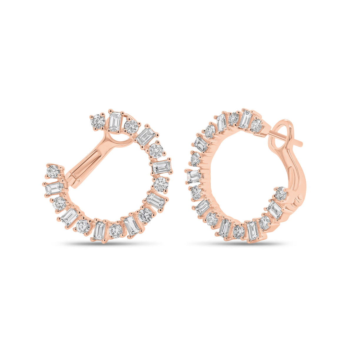 Round and Baguette Diamond Front-Facing Hoop Earrings - 18K gold weighing 4.81 grams  - 18 round diamonds weighing 0.50 carats  - 16 slim baguettes weighing 0.61 carats