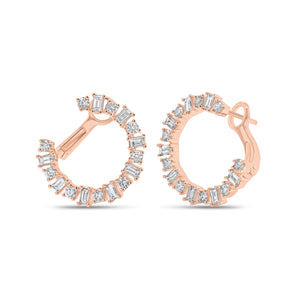 Round and Baguette Diamond Front-Facing Hoop Earrings - 18K gold weighing 4.81 grams  - 18 round diamonds weighing 0.50 carats  - 16 slim baguettes weighing 0.61 carats