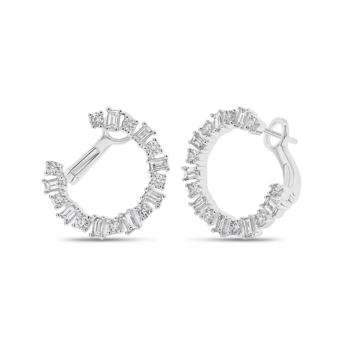 Round and Baguette Diamond Front-Facing Hoop Earrings - 18K gold weighing 4.81 grams  - 18 round diamonds weighing 0.50 carats  - 16 slim baguettes weighing 0.61 carats