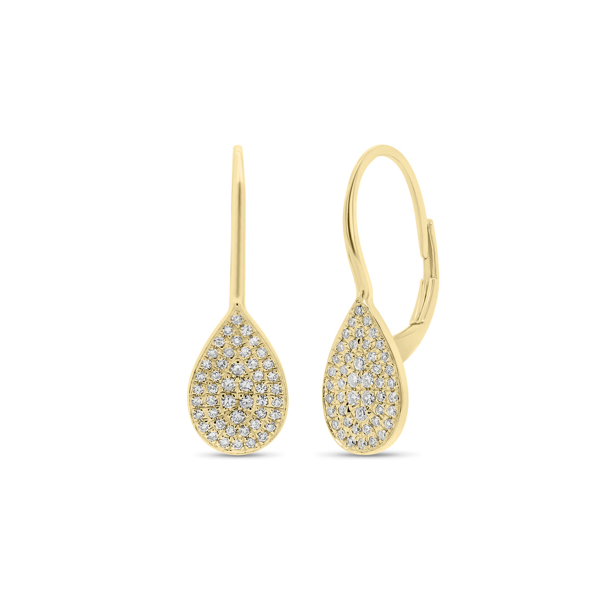 solid 14K yellow gold weighing 1.76 grams featuring 94 round diamonds weighing 0.20 carats Pave Diamond Teardrop Lever-Back Earrings | Nuha Jewelers