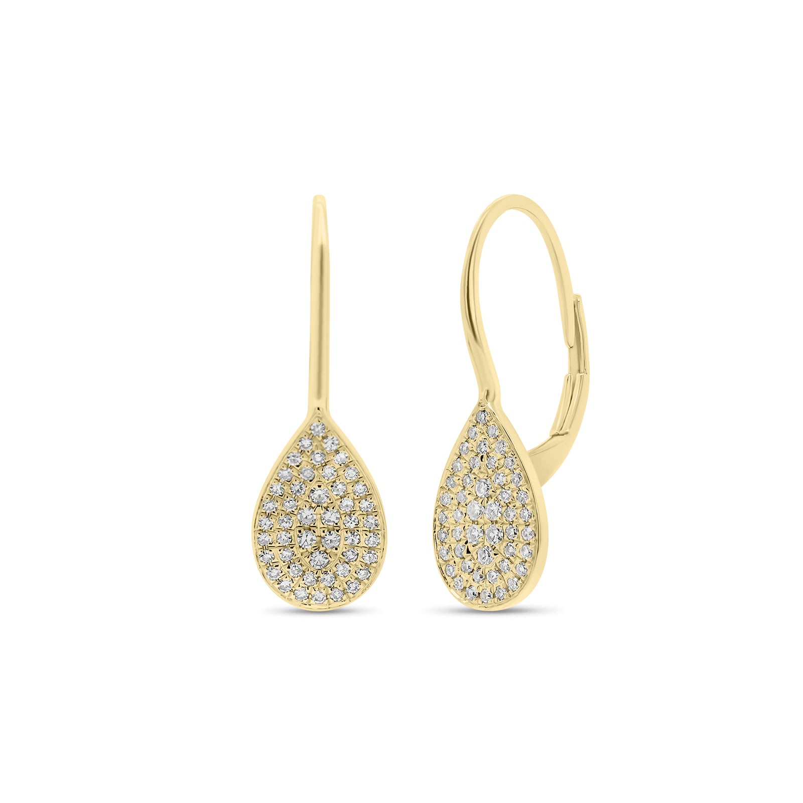 solid 14K yellow gold weighing 1.76 grams featuring 94 round diamonds weighing 0.20 carats Pave Diamond Teardrop Lever-Back Earrings | Nuha Jewelers