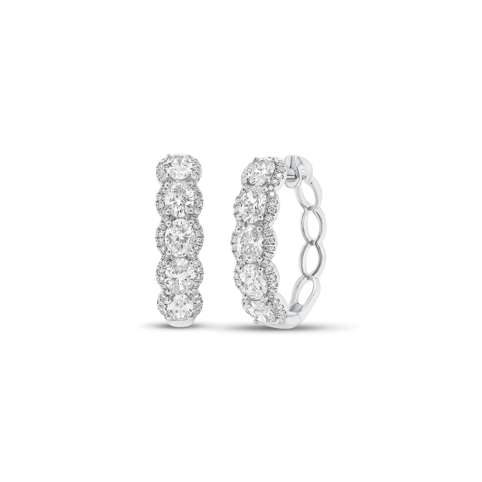 Diamond Oval Hoop Earrings - 18K gold weighing 5.68 grams  - 10 oval-shaped diamonds weighing 2.16 carats  - 112 round diamonds weighing 0.39 carats