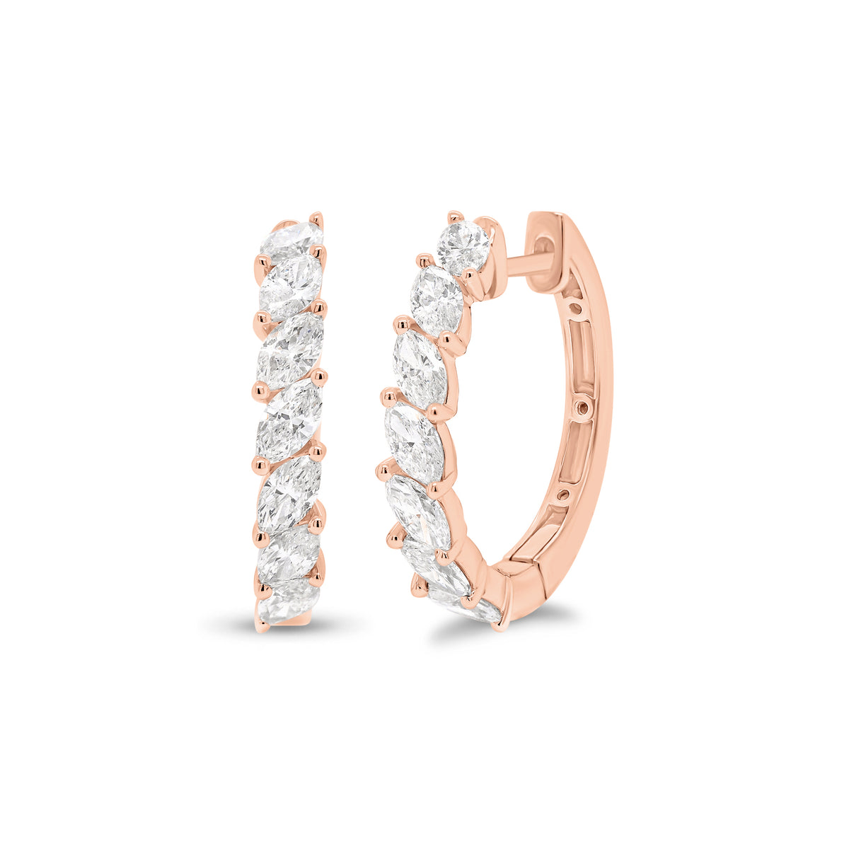 Marquise-Shaped Diamond Huggies - 18K rose gold weighing 3.82 grams  - 14 marquise-shaped diamonds weighing 1.12 carats