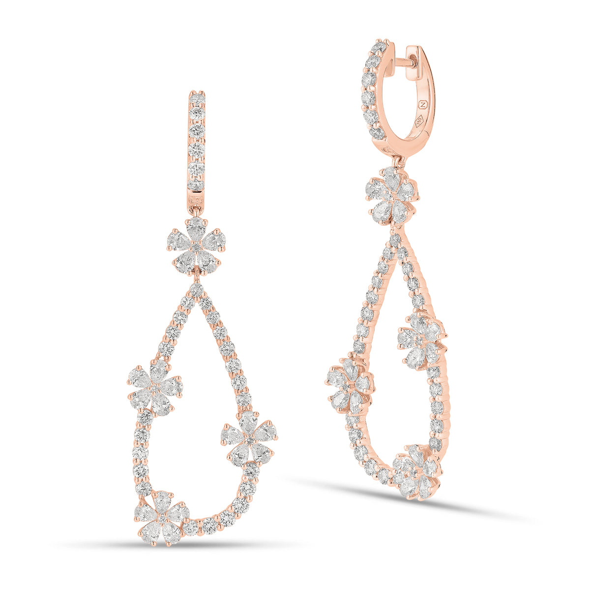 Diamond Flower Teardrop Hoop Earrings - 18K gold weighing 8.02 grams  - 66 round diamonds weighing 1.36 carats  - 40 pear-shaped diamonds weighing 1.98 carats