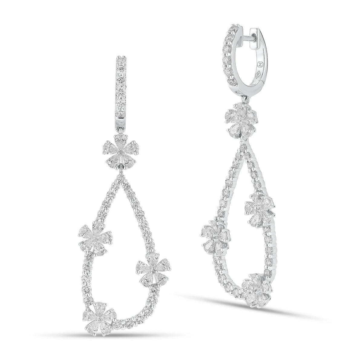 Diamond Flower Teardrop Hoop Earrings - 18K gold weighing 8.02 grams  - 66 round diamonds weighing 1.36 carats  - 40 pear-shaped diamonds weighing 1.98 carats