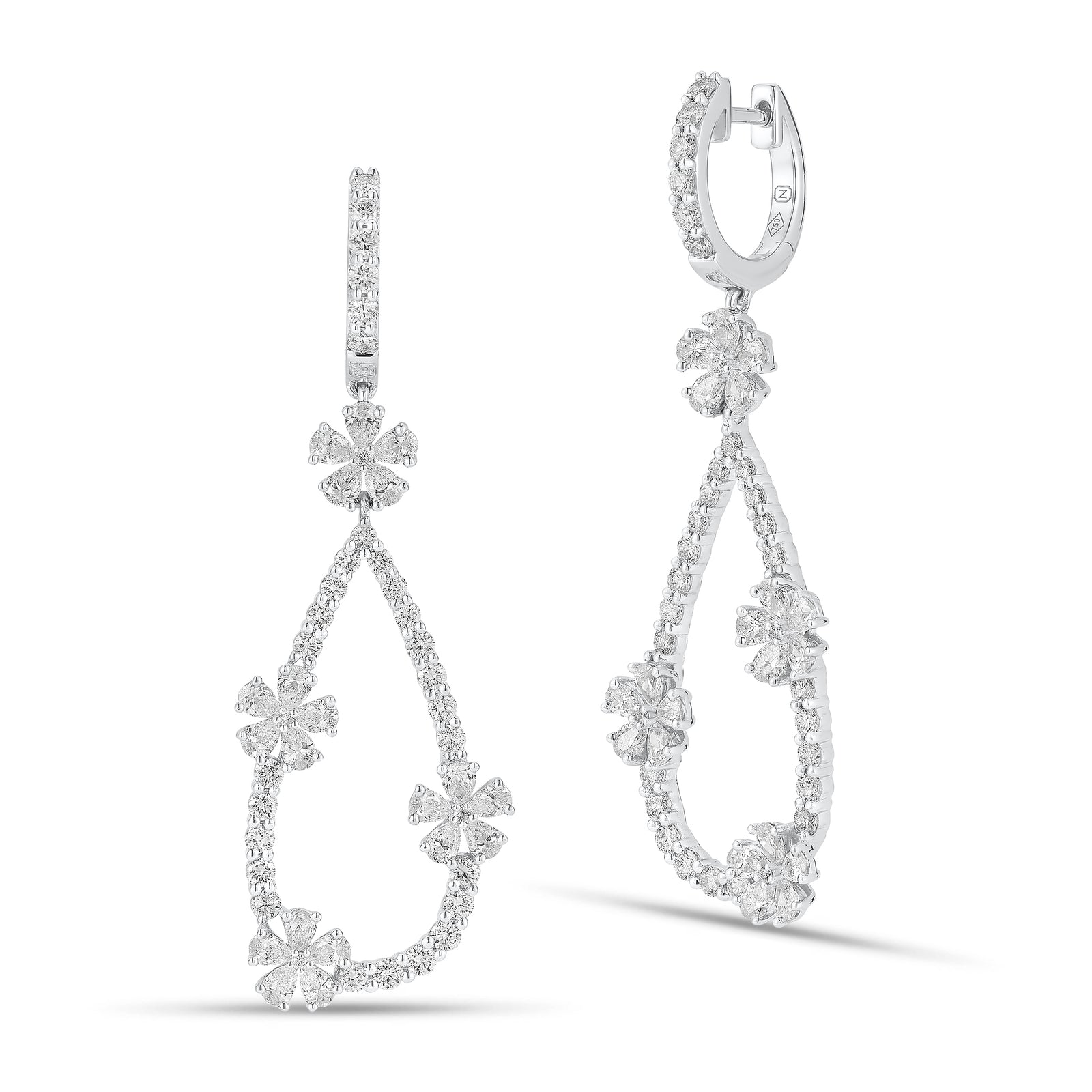 Diamond Flower Teardrop Hoop Earrings - 18K gold weighing 8.02 grams  - 66 round diamonds weighing 1.36 carats  - 40 pear-shaped diamonds weighing 1.98 carats