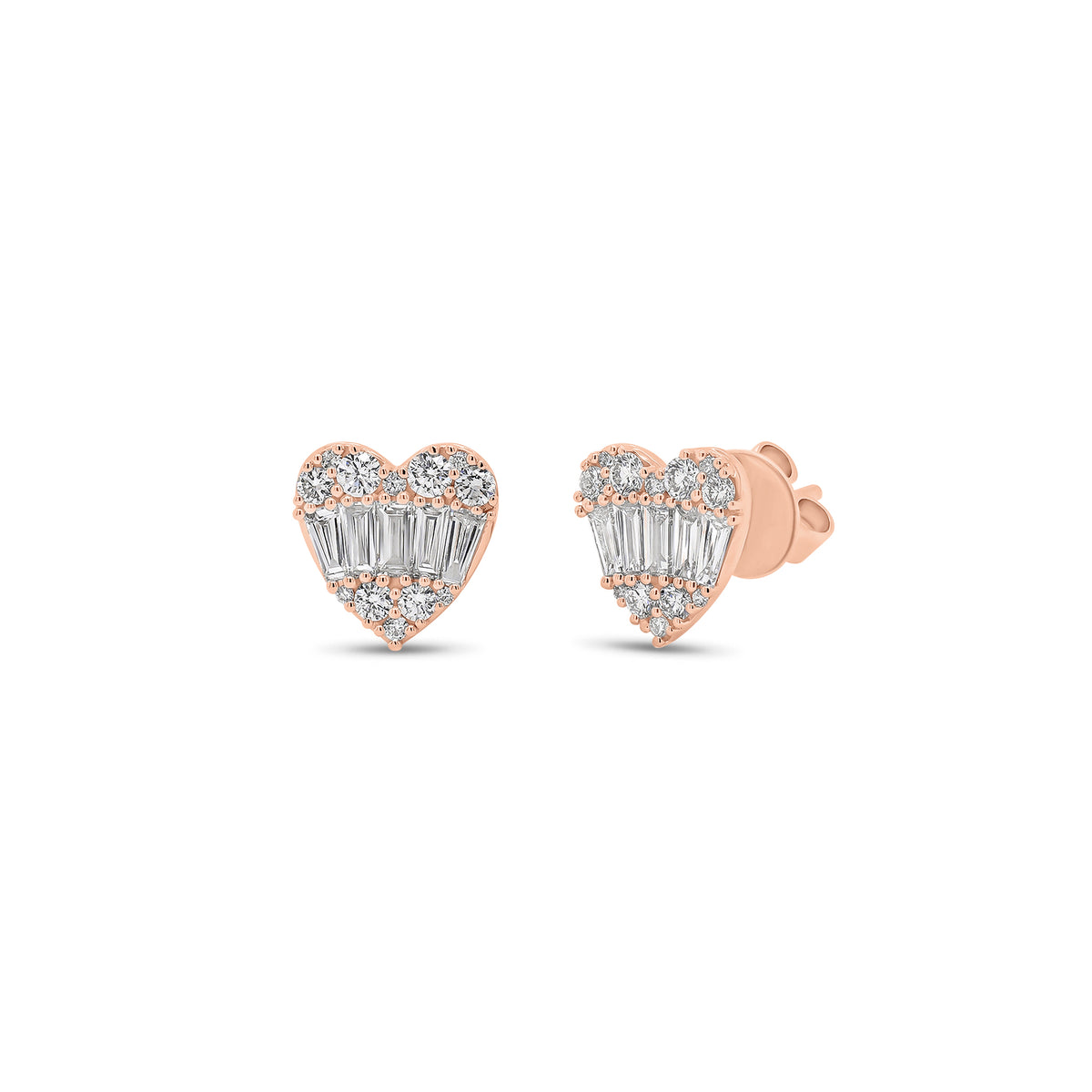 Round and Baguette Diamond Heart Stud Earrings - 14K gold weighing 2.55 grams  - 24 round diamonds weighing 0.39 carats  - 10 slim baguettes weighing 0.54 carats