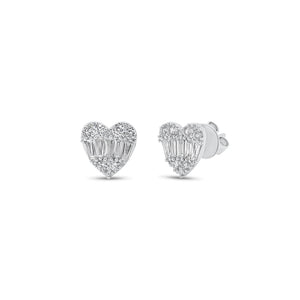 Round and Baguette Diamond Heart Stud Earrings - 14K gold weighing 2.55 grams  - 24 round diamonds weighing 0.39 carats  - 10 slim baguettes weighing 0.54 carats