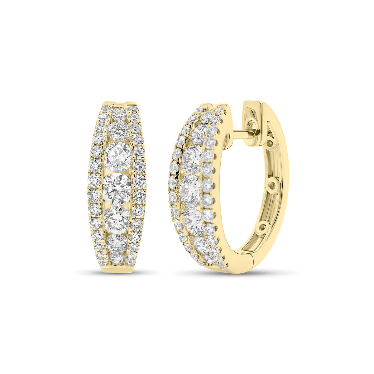 Round Diamond Tapered Huggie Earrings - 18K gold weighing 6.02 grams - 70 round diamonds weighing 1.48 carats