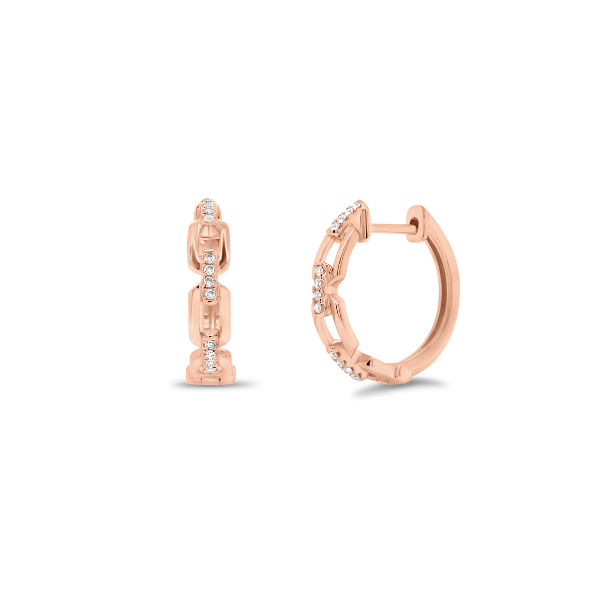 Diamond Elongated Chain Link Huggie Earrings - 14K gold weighing 2.43 grams  - 24 round diamonds totaling 0.08 carats