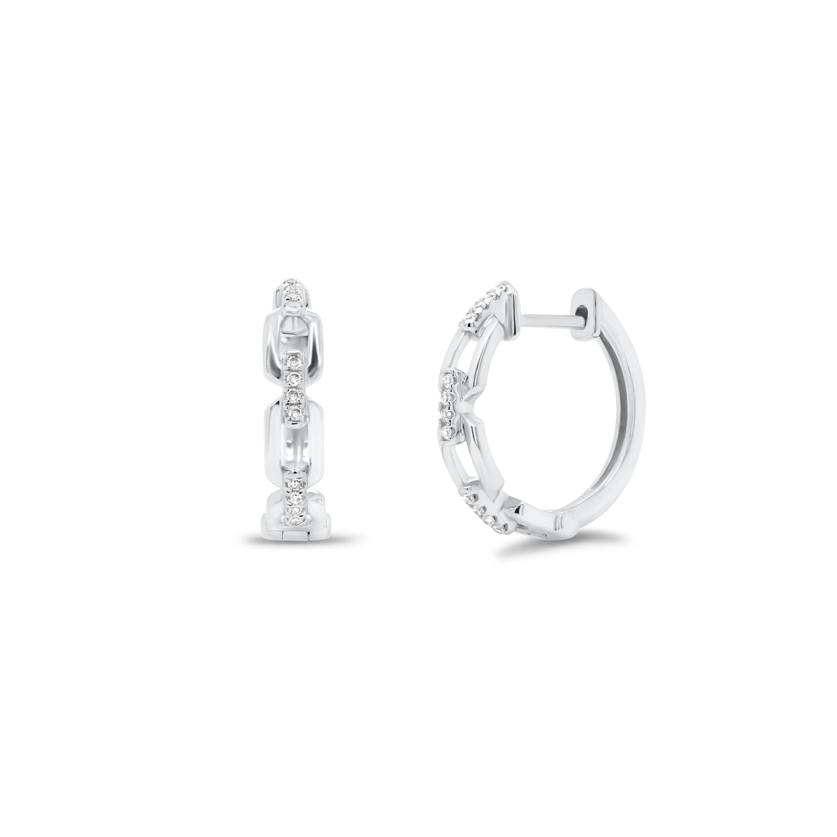 Diamond Elongated Chain Link Huggie Earrings - 14K gold weighing 2.43 grams  - 24 round diamonds totaling 0.08 carats