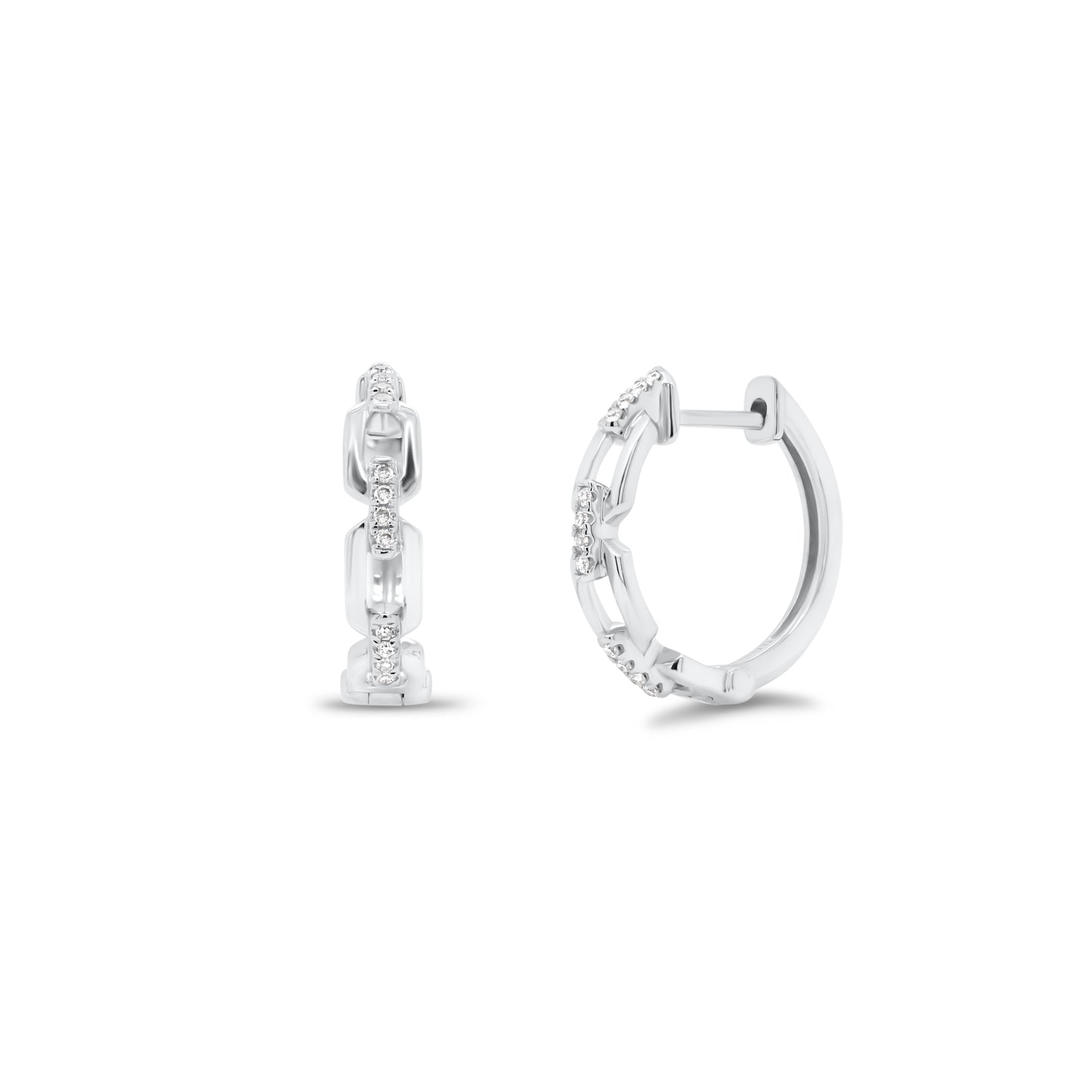 Diamond Elongated Chain Link Huggie Earrings - 14K gold weighing 2.43 grams  - 24 round diamonds totaling 0.08 carats