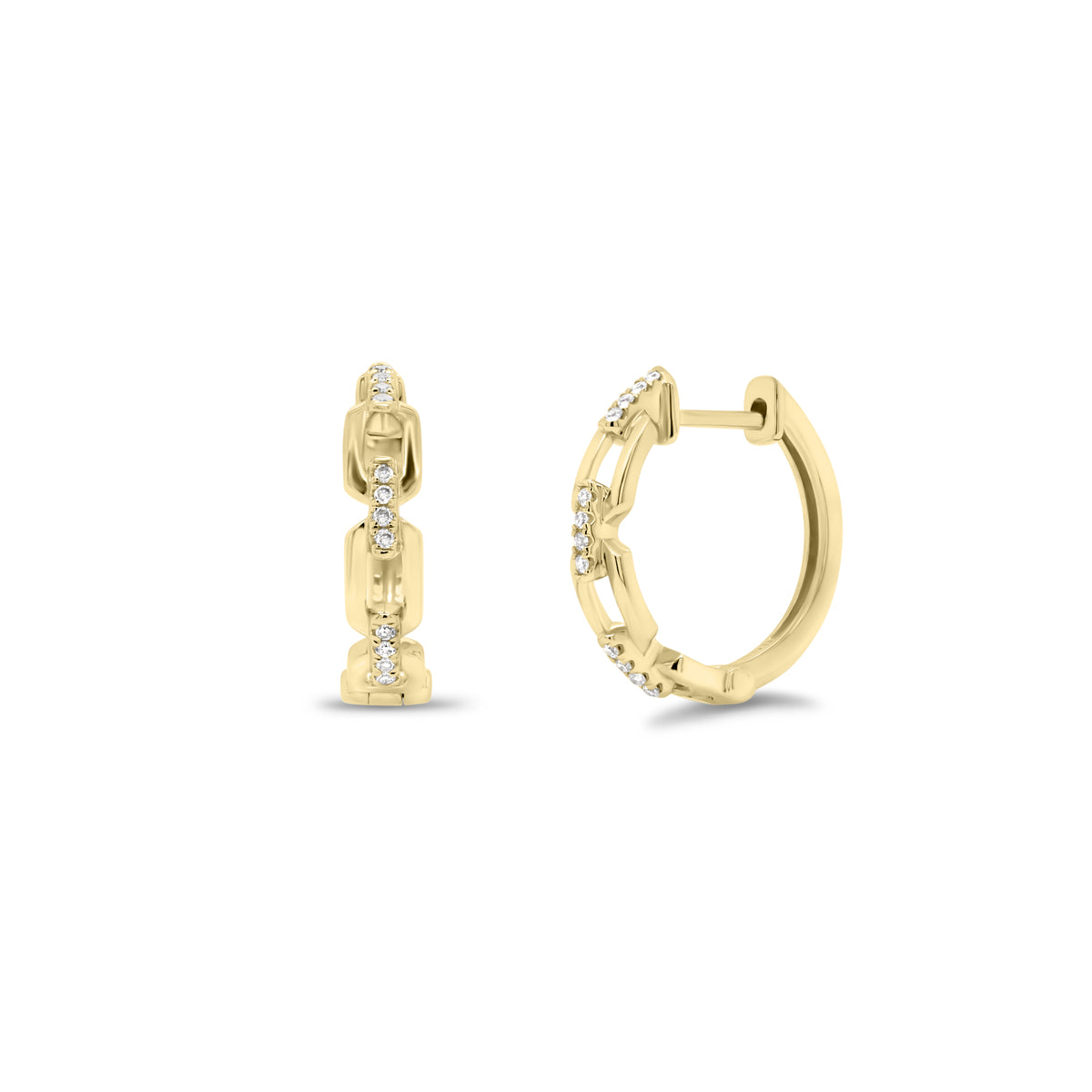 Diamond Elongated Chain Link Huggie Earrings - 14K gold weighing 2.43 grams  - 24 round diamonds totaling 0.08 carats