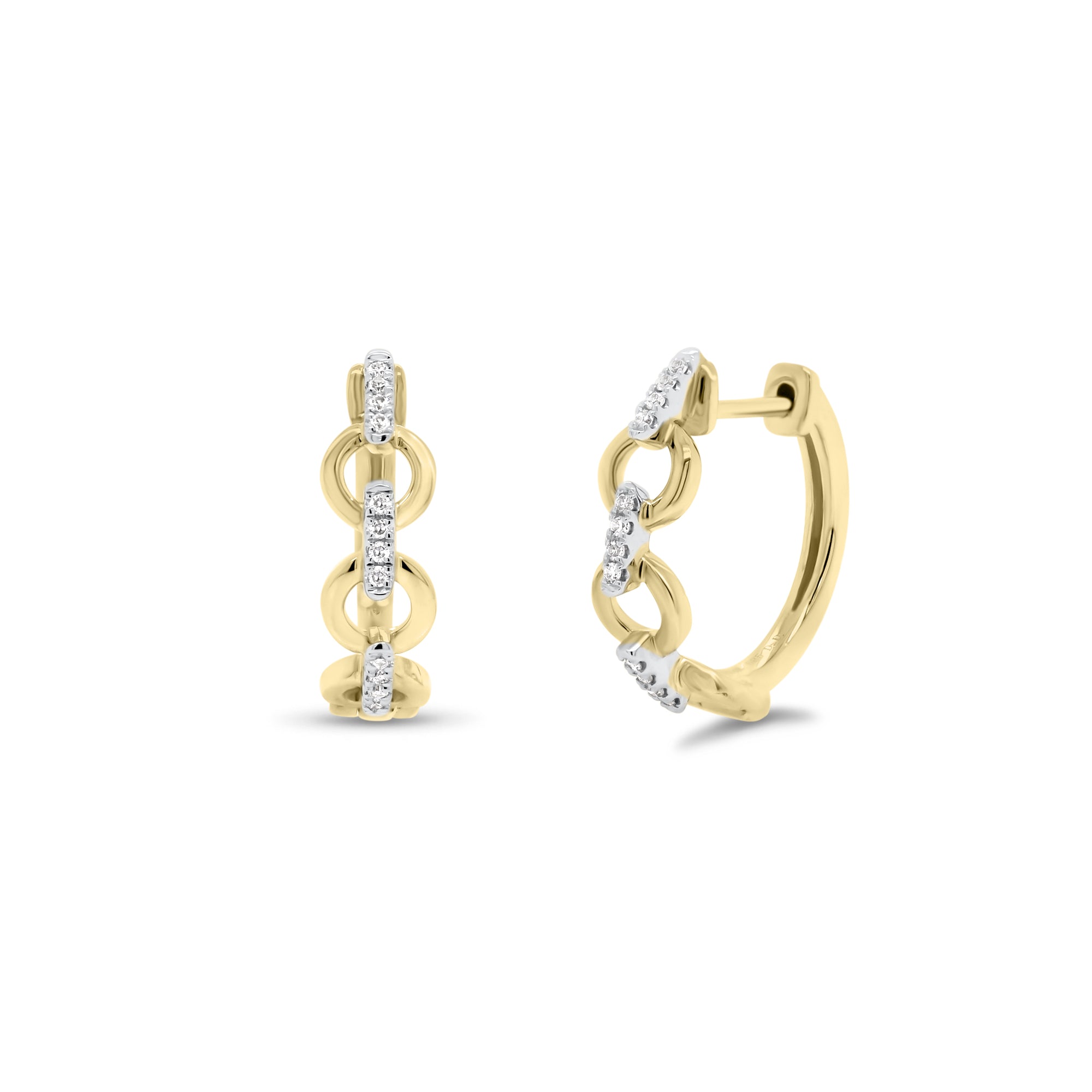 Diamond circular chain link huggie earrings  - 14K gold weighing 2.94 grams  - 24 round diamonds totaling 0.08 carats