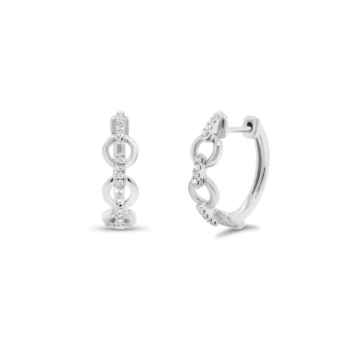 Diamond circular chain link huggie earrings  - 14K gold weighing 2.94 grams  - 24 round diamonds totaling 0.08 carats