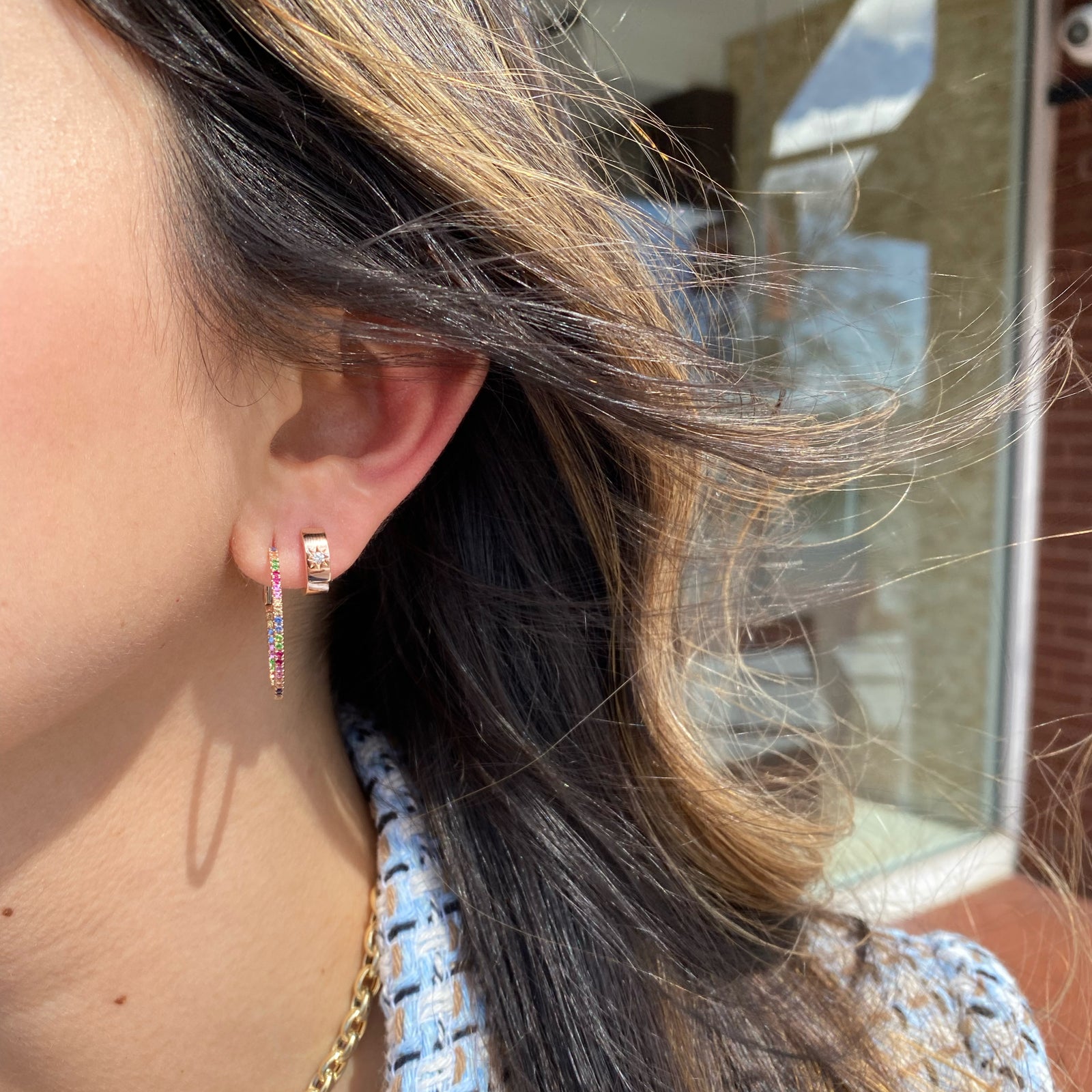 Rainbow Sapphire Interior and Exterior Hoop Earrings - 14K gold weighing 3.62 grams  - 72 sapphires weighing 0.70 carats