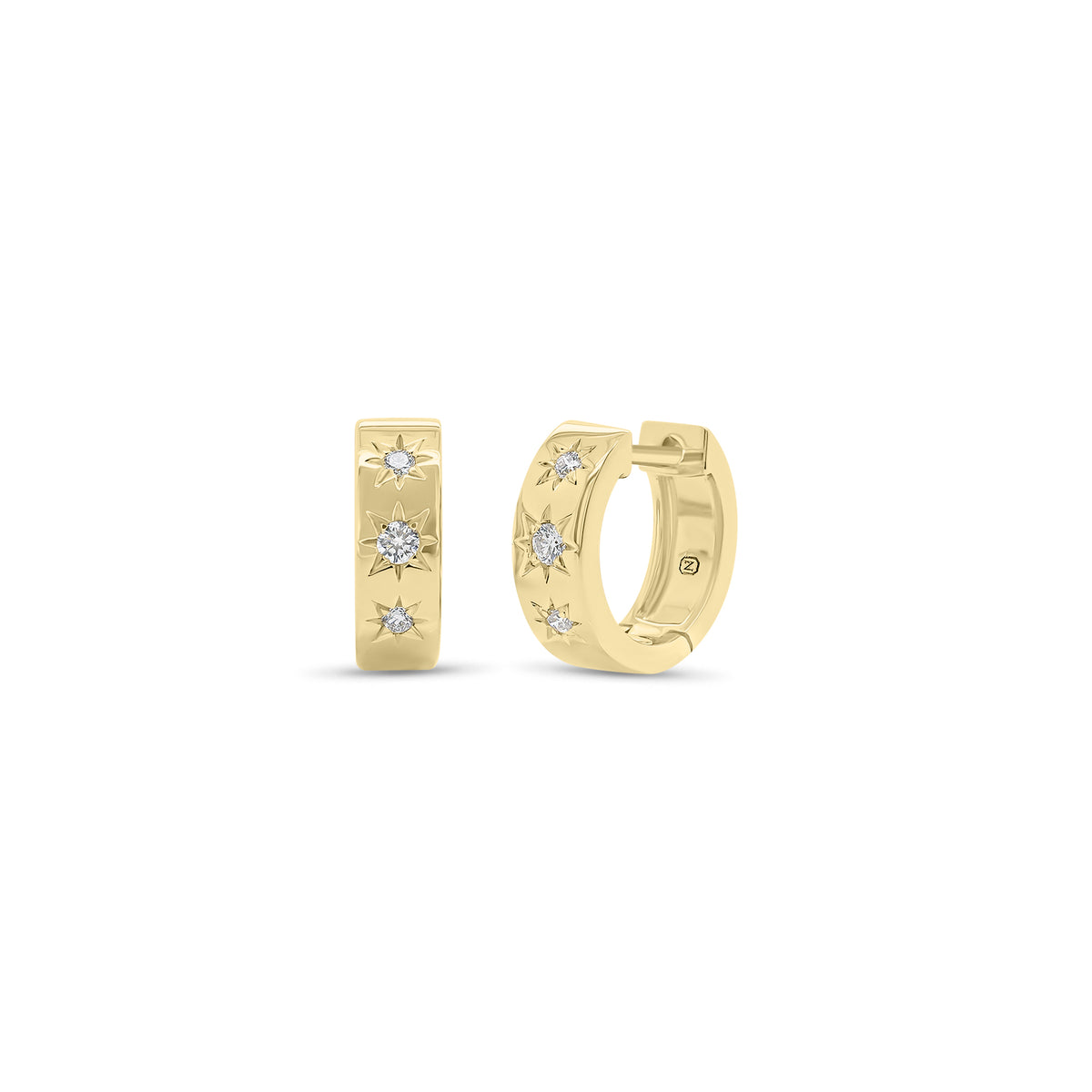 Diamond Star Huggie Earrings - 14K gold weighing 2.98 grams  - 6 round diamonds weighing 0.10 carats