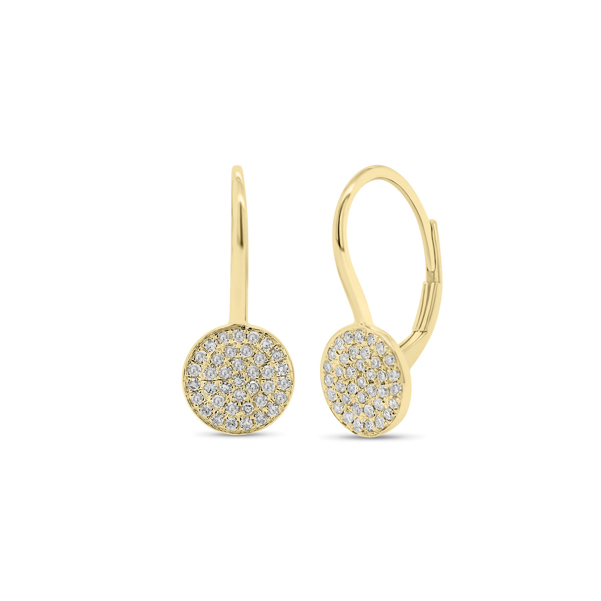 Pave diamond disc lever-back earrings - 14K gold weighing 1.55 grams - 76 round diamonds weighing 0.22 carats