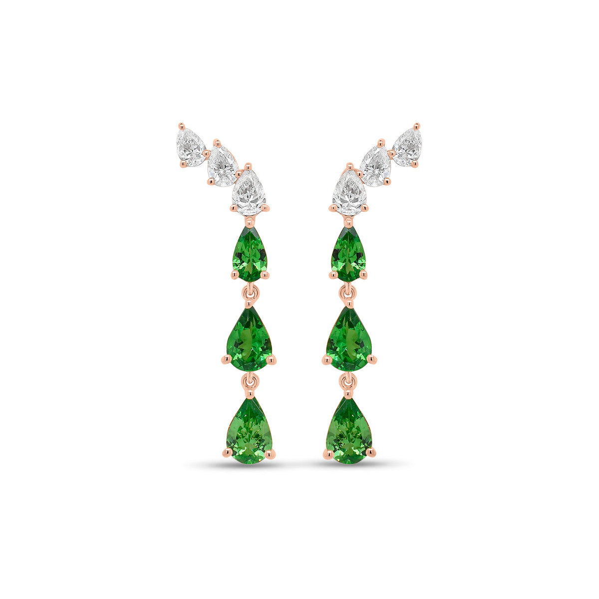 Tsavorite and Diamond Drop Earrings - 14K gold weighing 2.22 grams  - 6 pear-shaped tsavorites weighing 1.36 carats  - 6 pear-shaped diamonds weighing 0.64 carats