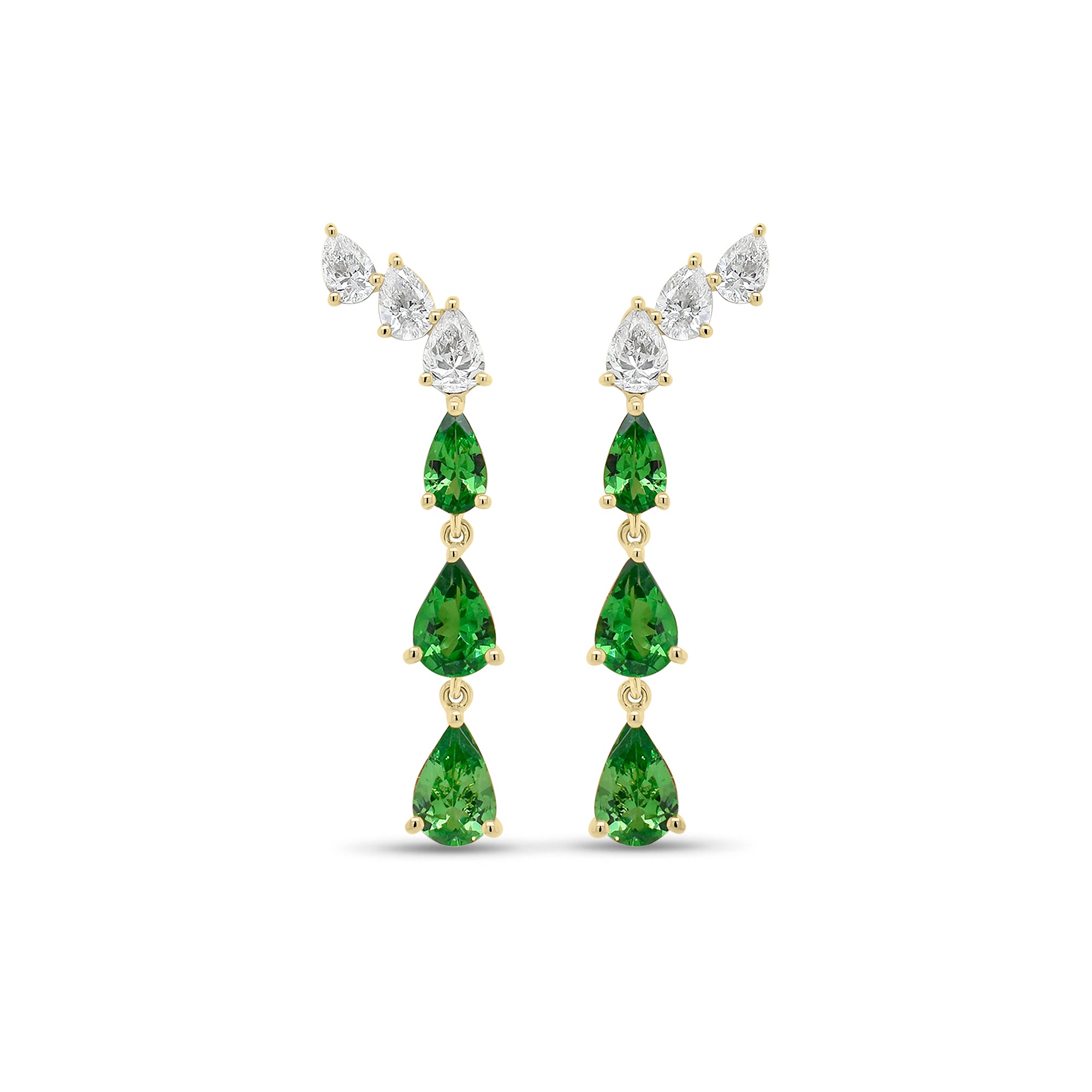 Tsavorite and Diamond Drop Earrings - 14K gold weighing 2.22 grams  - 6 pear-shaped tsavorites weighing 1.36 carats  - 6 pear-shaped diamonds weighing 0.64 carats