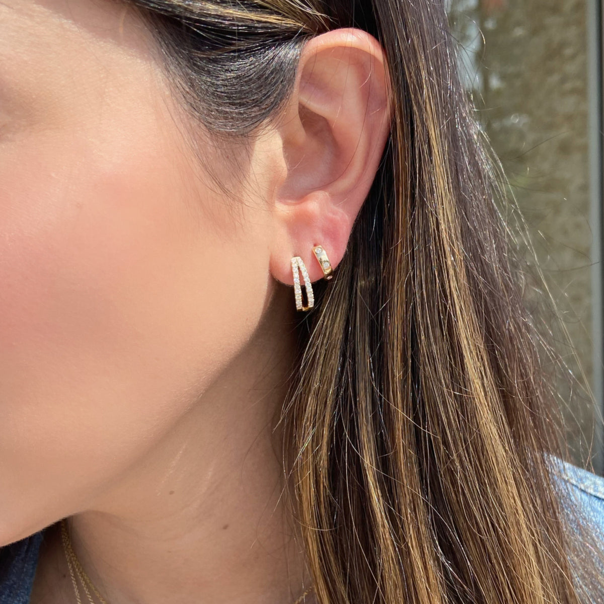 Diamond Trio Huggie Earrings - 14K yellow gold weighing 1.85 grams - 6 round diamonds weighing 0.11 carats