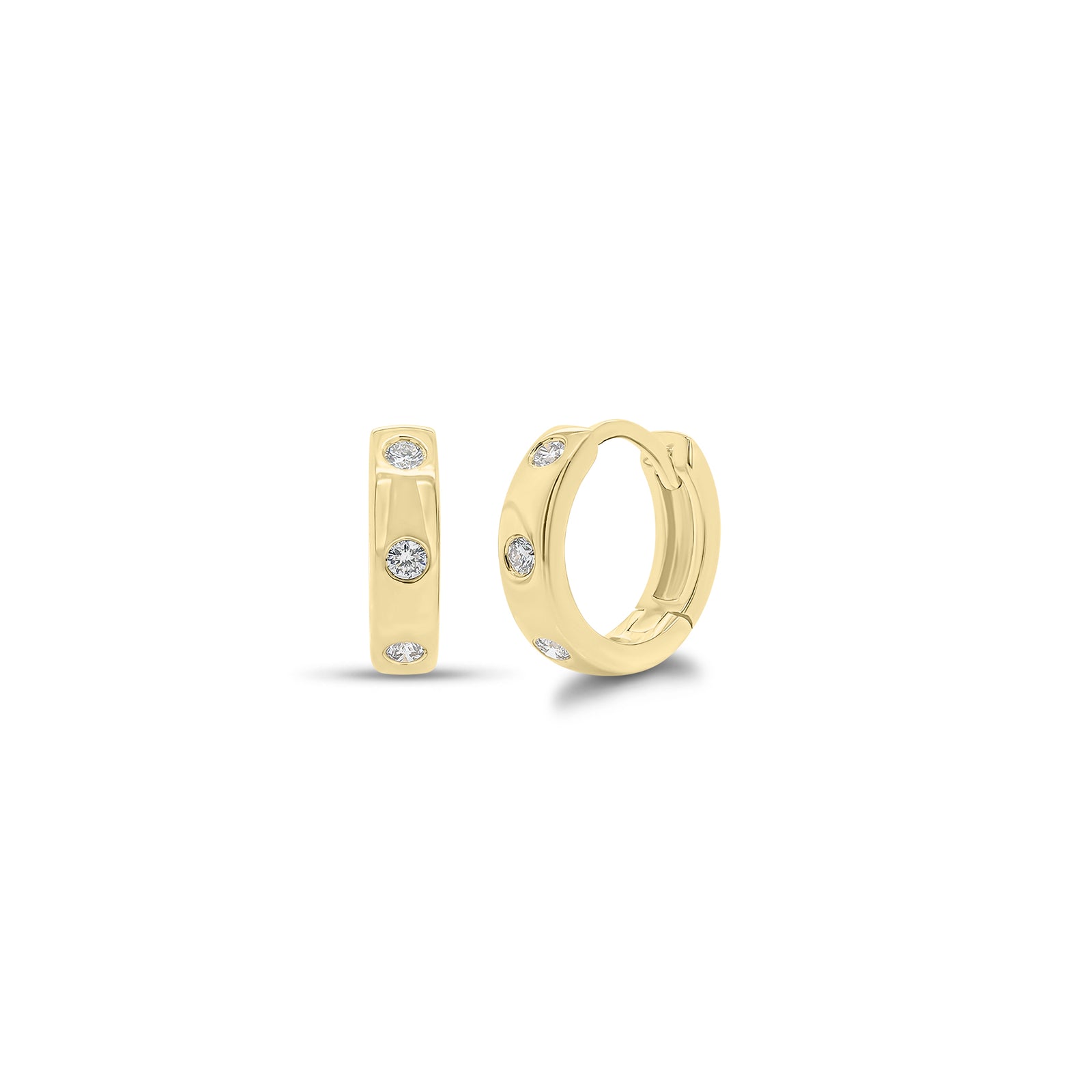 Diamond Trio Huggie Earrings - 14K yellow gold weighing 1.85 grams  - 6 round diamonds weighing 0.11 carats