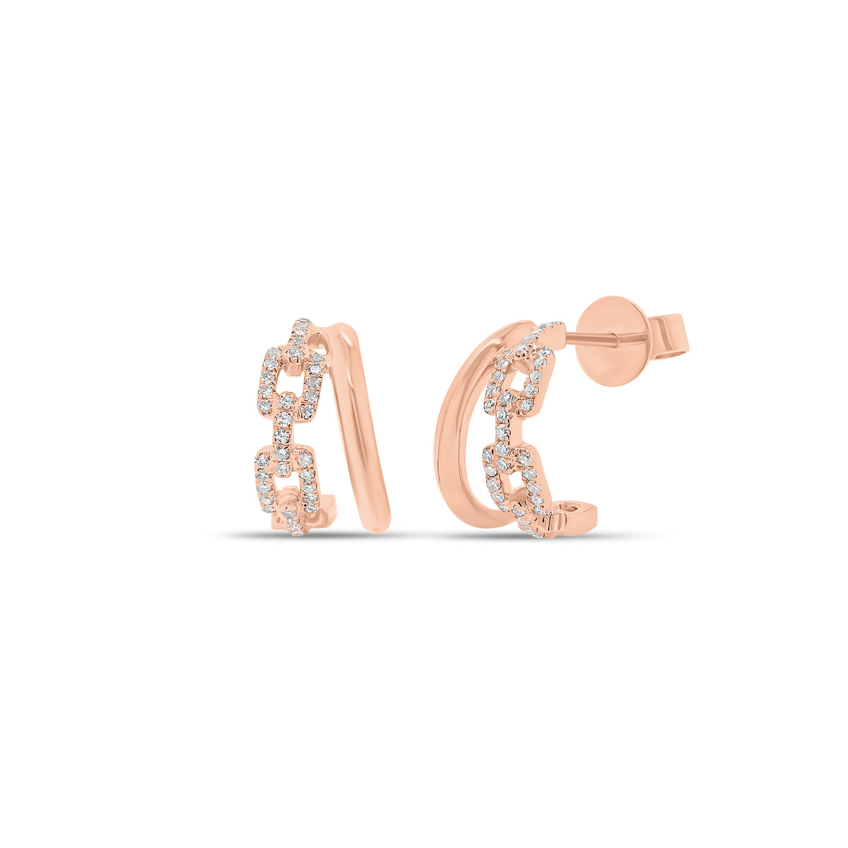 Diamond and Gold Chain Double Huggie Earrings - 14K gold weighing 2.42 grams  - 70 round diamonds weighing 0.15 carats