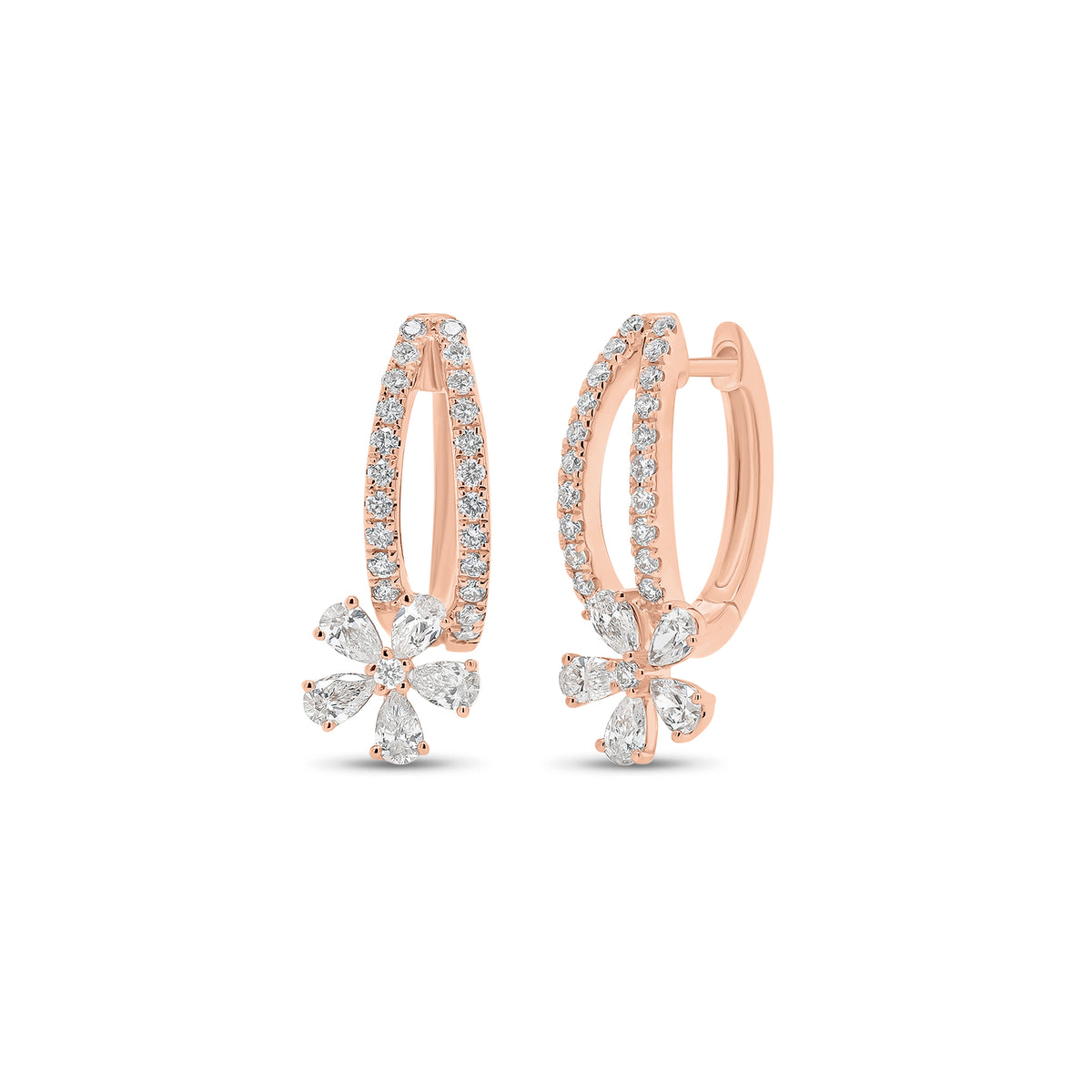 Diamond Flower Drop Huggie Earrings - 14K gold weighing 3.37 grams  - 46 round diamonds weighing 0.33 carats  - 10 pear-shaped diamonds weighing 0.55 carats