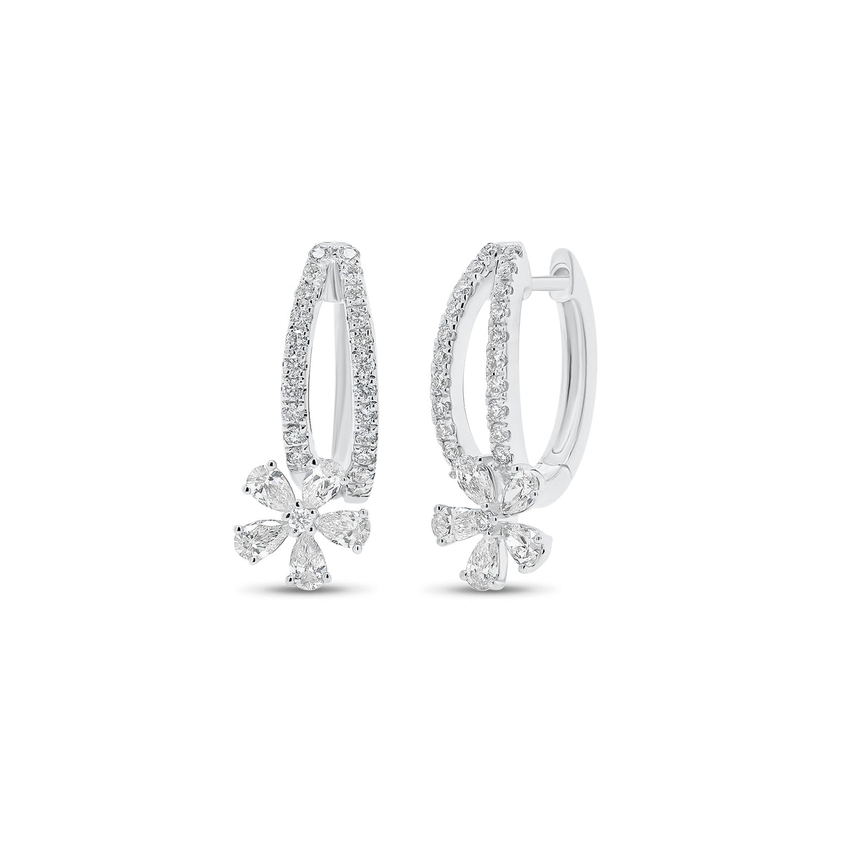 Diamond Flower Drop Huggie Earrings - 14K gold weighing 3.37 grams  - 46 round diamonds weighing 0.33 carats  - 10 pear-shaped diamonds weighing 0.55 carats
