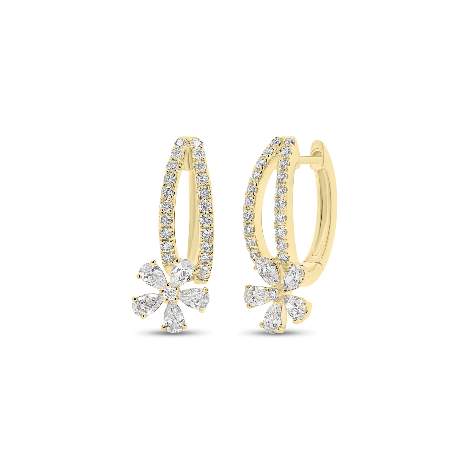 Diamond Flower Drop Huggie Earrings - 14K gold weighing 3.37 grams  - 46 round diamonds weighing 0.33 carats  - 10 pear-shaped diamonds weighing 0.55 carats