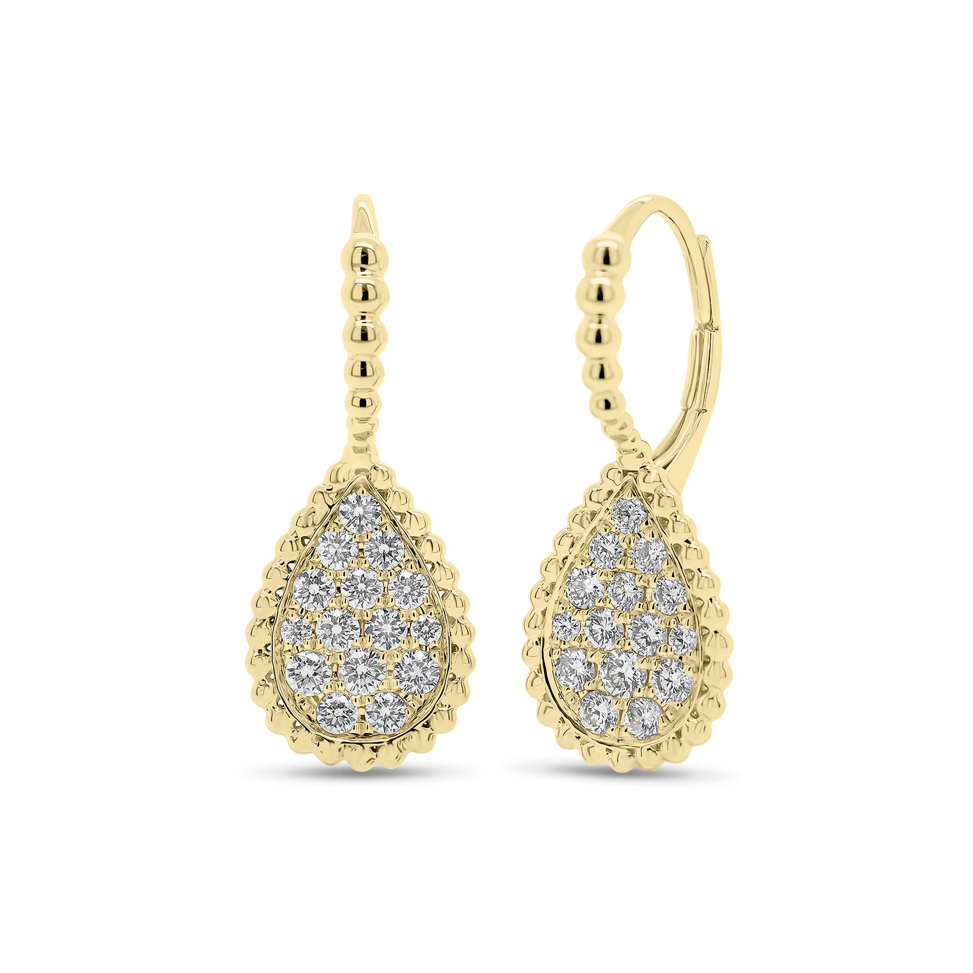 Diamond Pear Drop Lever-Back Earrings - 14K gold weighing 2.93 grams  - 30 round diamonds weighing 0.65 carats